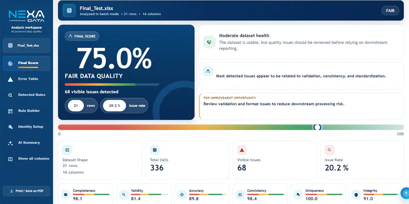 NexaData final score dashboard showing dataset health, issue totals, and quality dimensions